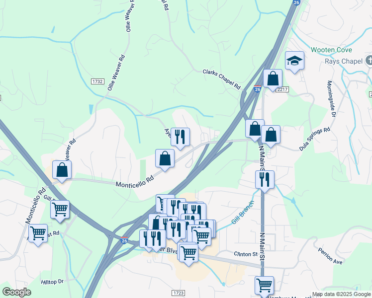 map of restaurants, bars, coffee shops, grocery stores, and more near 14 Ayers Road in Weaverville