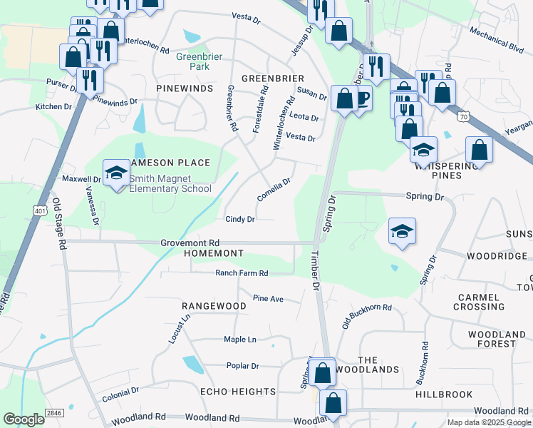 map of restaurants, bars, coffee shops, grocery stores, and more near 4912 Cindy Drive in Raleigh