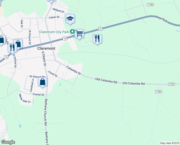 map of restaurants, bars, coffee shops, grocery stores, and more near 3280 Catawba Street in Claremont