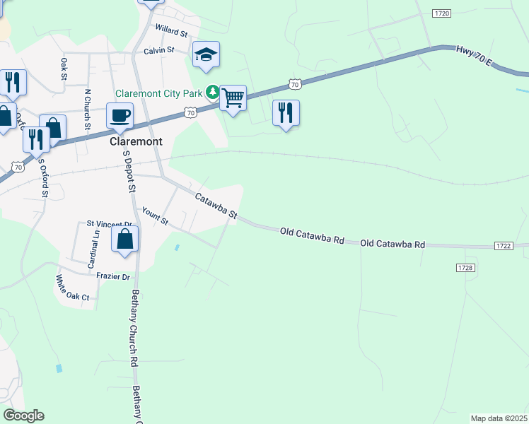 map of restaurants, bars, coffee shops, grocery stores, and more near 3280 Catawba Street in Claremont