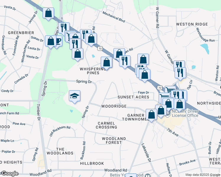 map of restaurants, bars, coffee shops, grocery stores, and more near 505 Buck Branch Drive in Garner