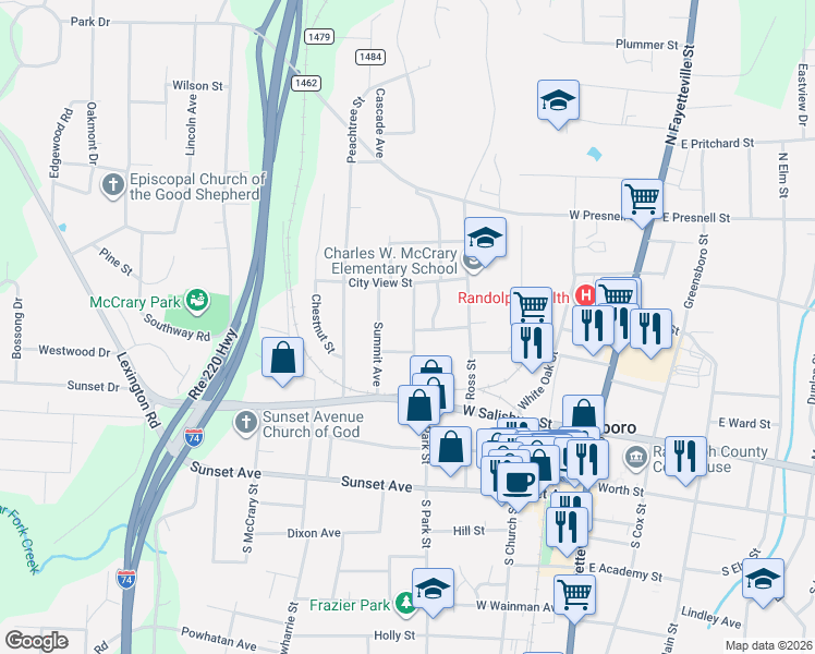 map of restaurants, bars, coffee shops, grocery stores, and more near 329 North Park Street in Asheboro