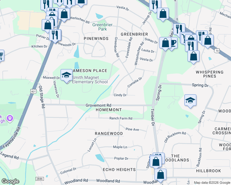 map of restaurants, bars, coffee shops, grocery stores, and more near 5027 Winterlochen Road in Raleigh