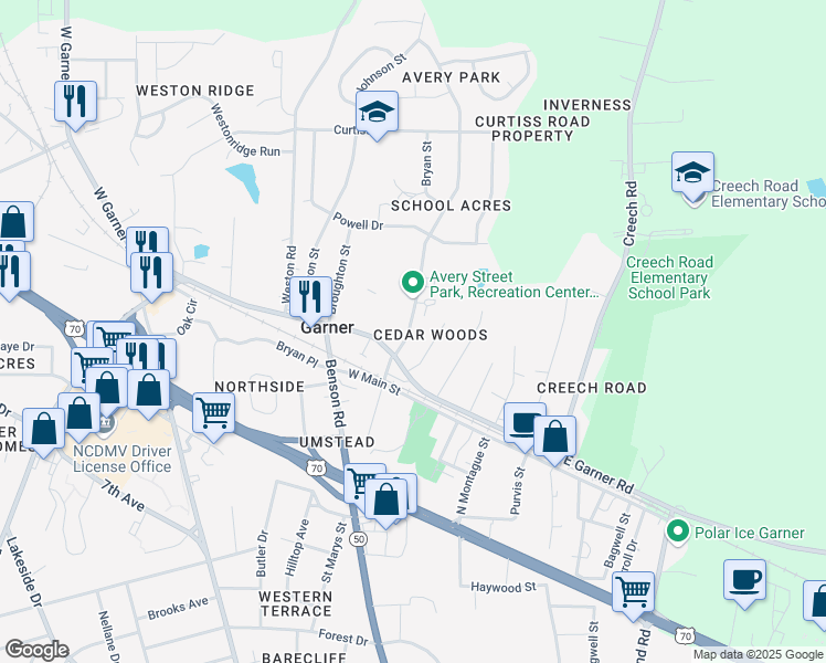 map of restaurants, bars, coffee shops, grocery stores, and more near 120 Avery Street in Garner