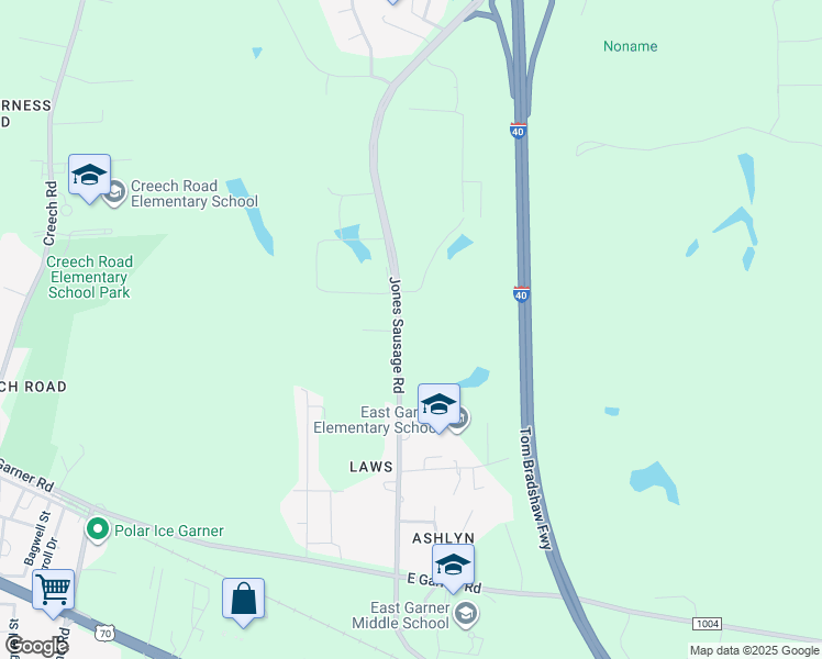 map of restaurants, bars, coffee shops, grocery stores, and more near 5337 Jones Sausage Road in Garner