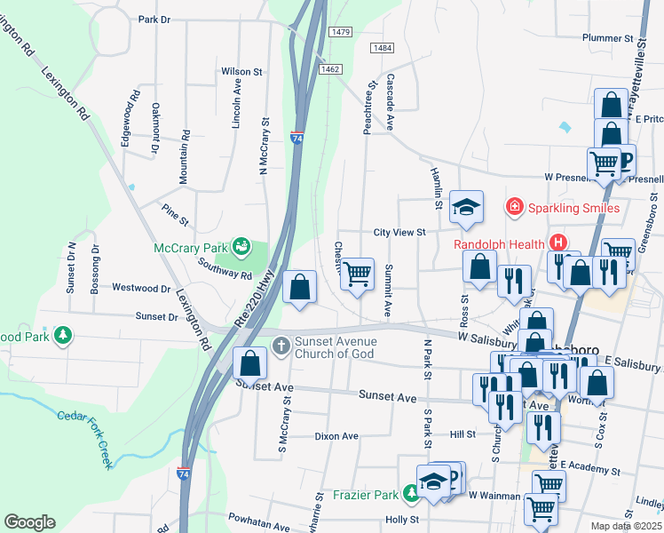 map of restaurants, bars, coffee shops, grocery stores, and more near 327 Chestnut Street in Asheboro