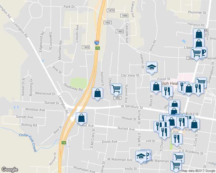 map of restaurants, bars, coffee shops, grocery stores, and more near 327 Chestnut Street in Asheboro
