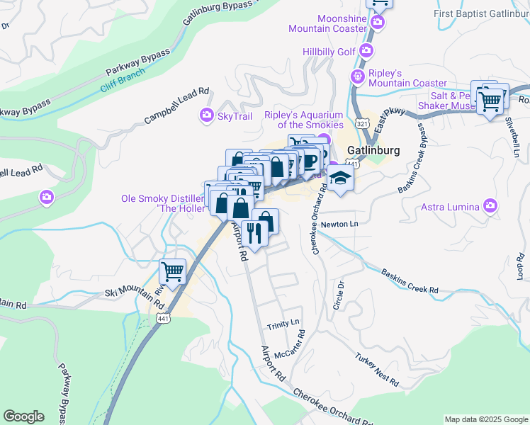map of restaurants, bars, coffee shops, grocery stores, and more near in Gatlinburg