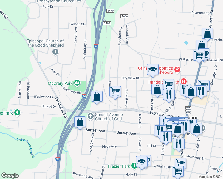 map of restaurants, bars, coffee shops, grocery stores, and more near 301 Peachtree Street in Asheboro
