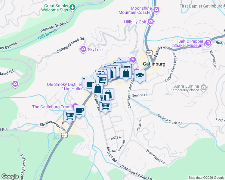 map of restaurants, bars, coffee shops, grocery stores, and more near 157 West Holly Ridge Road in Gatlinburg