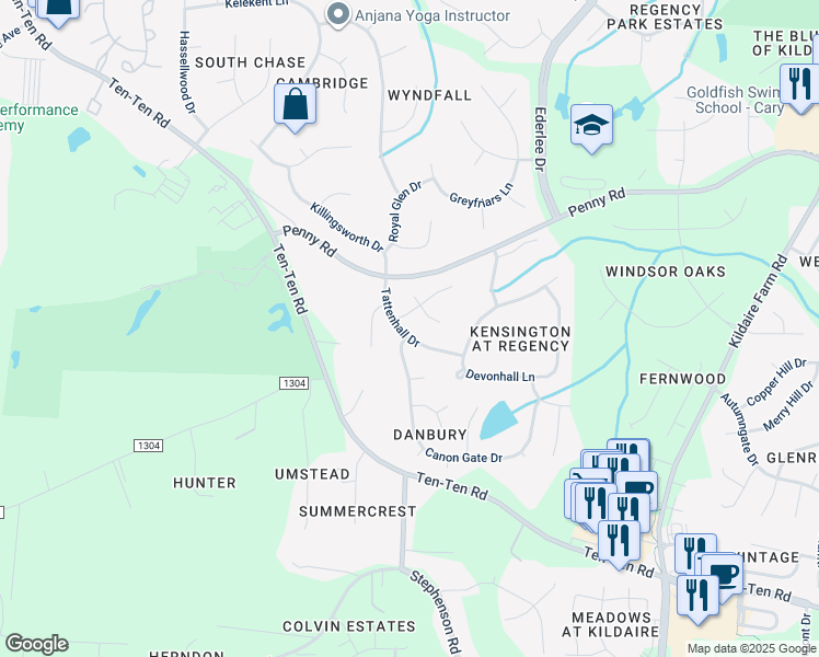 map of restaurants, bars, coffee shops, grocery stores, and more near 207 Tattenhall Drive in Cary