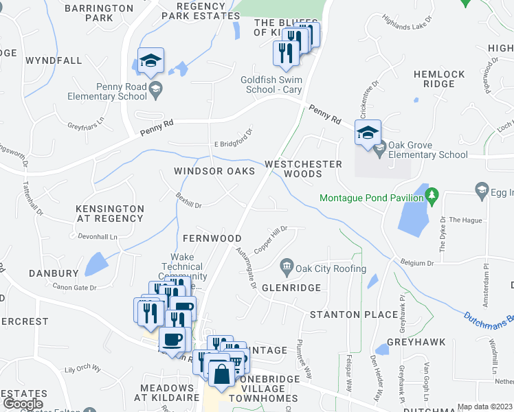 map of restaurants, bars, coffee shops, grocery stores, and more near 101 Travilah Oaks Lane in Cary