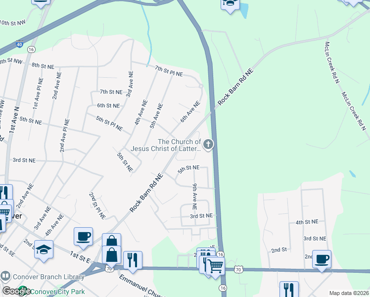 map of restaurants, bars, coffee shops, grocery stores, and more near 601 6th Street Northeast in Conover