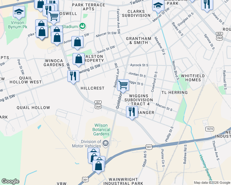 map of restaurants, bars, coffee shops, grocery stores, and more near in Wilson
