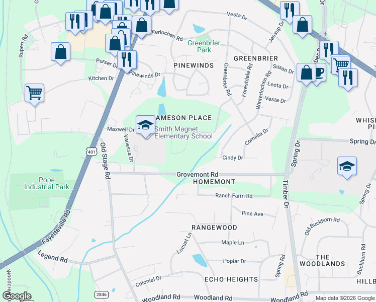 map of restaurants, bars, coffee shops, grocery stores, and more near 725 Maxwell Drive in Raleigh