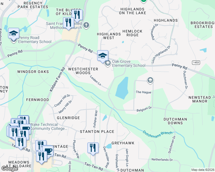map of restaurants, bars, coffee shops, grocery stores, and more near 8409 Belgium Drive in Raleigh