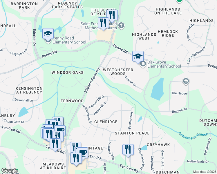 map of restaurants, bars, coffee shops, grocery stores, and more near 104 Moss Rose Court in Cary