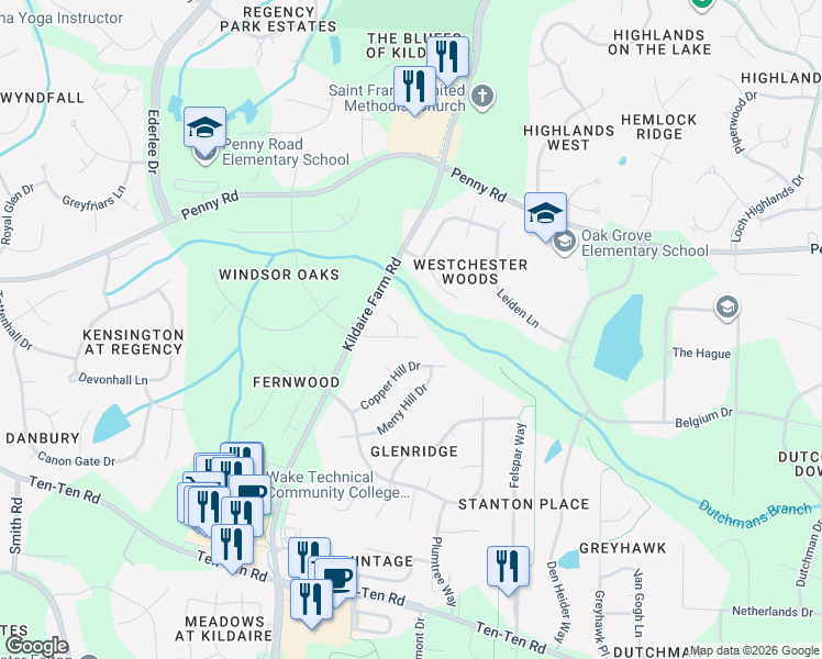 map of restaurants, bars, coffee shops, grocery stores, and more near 104 Moss Rose Court in Cary