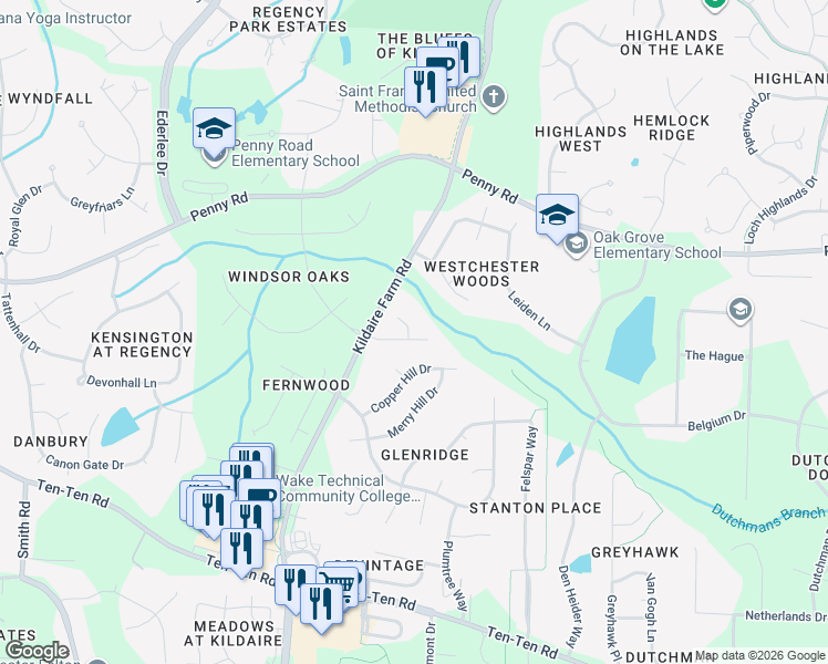 map of restaurants, bars, coffee shops, grocery stores, and more near 104 Moss Rose Court in Cary