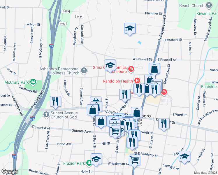 map of restaurants, bars, coffee shops, grocery stores, and more near 333 Foust Street in Asheboro