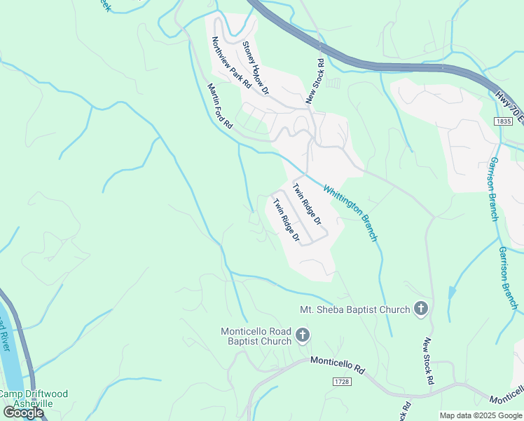 map of restaurants, bars, coffee shops, grocery stores, and more near 40 Twin Ridge Drive in Weaverville