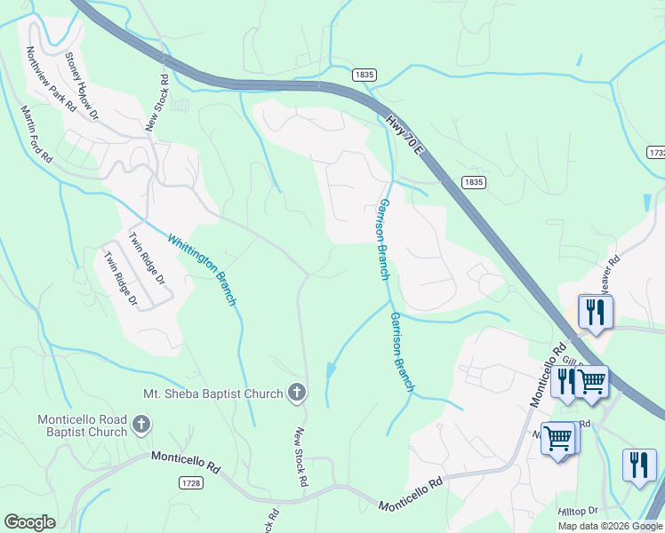 map of restaurants, bars, coffee shops, grocery stores, and more near 10 Rolling Meadows Lane in Weaverville