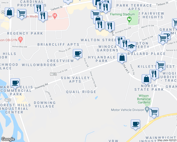 map of restaurants, bars, coffee shops, grocery stores, and more near 2100 Silver Leaf Road Southwest in Wilson