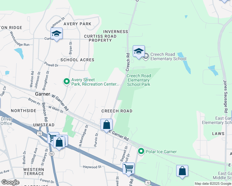 map of restaurants, bars, coffee shops, grocery stores, and more near 412 Penny Street in Garner