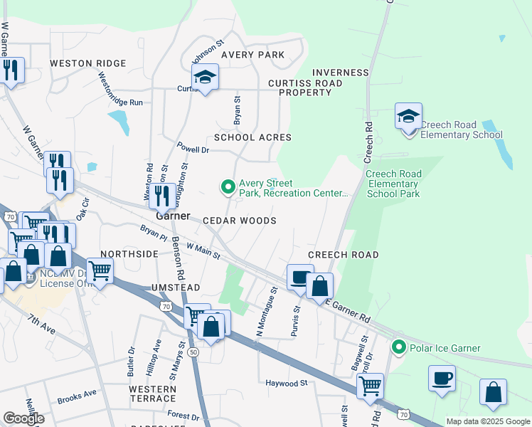 map of restaurants, bars, coffee shops, grocery stores, and more near 119 Center Street in Garner