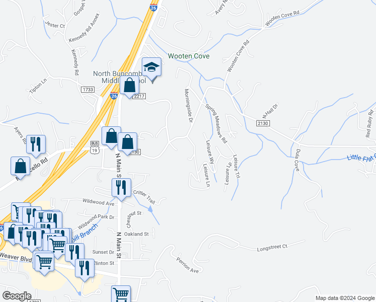 map of restaurants, bars, coffee shops, grocery stores, and more near 23 Deep Woods Road in Weaverville