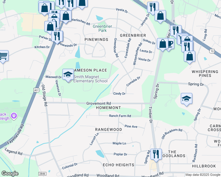map of restaurants, bars, coffee shops, grocery stores, and more near 5020 Winterlochen Road in Raleigh