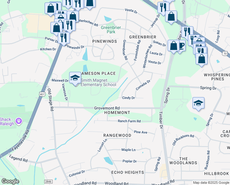 map of restaurants, bars, coffee shops, grocery stores, and more near 701 Maxwell Drive in Raleigh