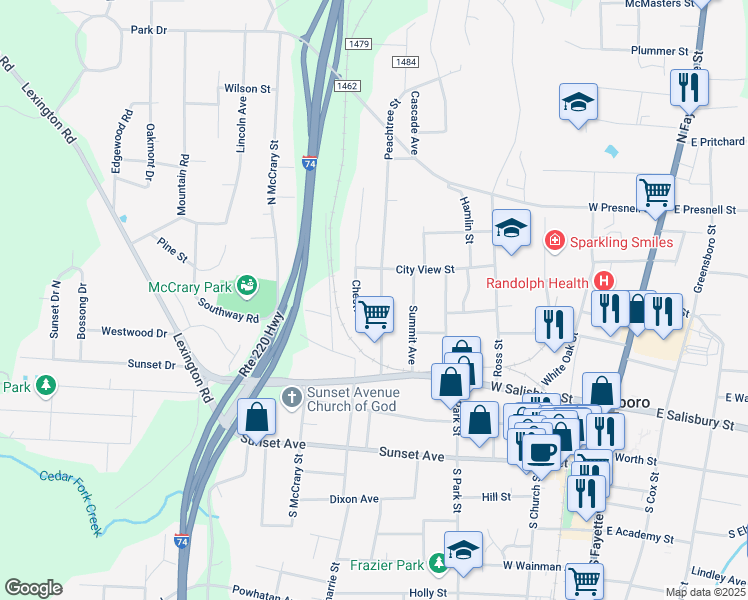 map of restaurants, bars, coffee shops, grocery stores, and more near 347 Peachtree Street in Asheboro