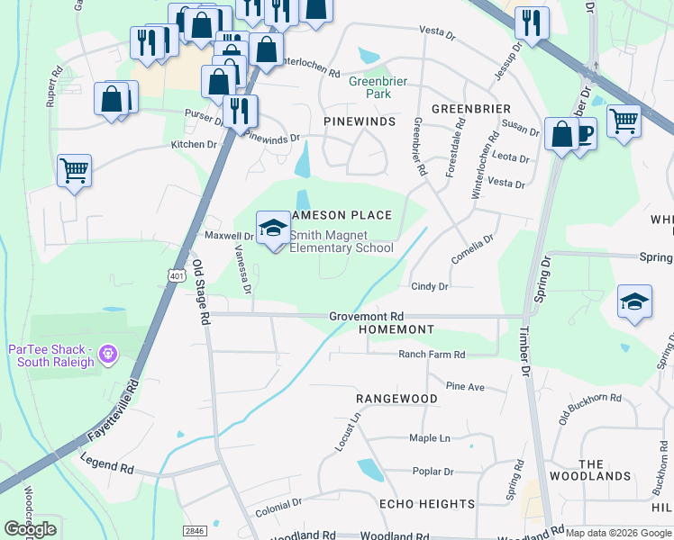 map of restaurants, bars, coffee shops, grocery stores, and more near 1001 Maxwell Drive in Raleigh