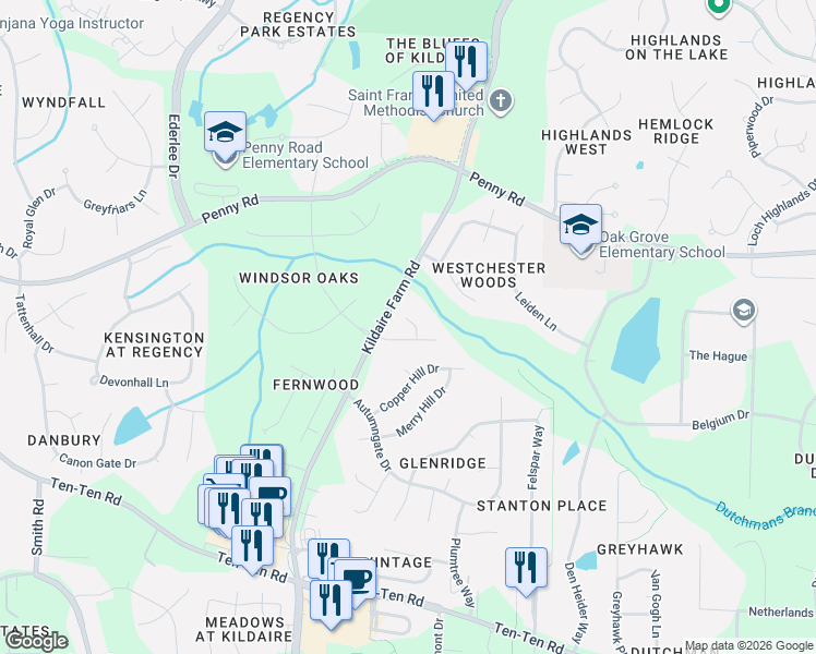 map of restaurants, bars, coffee shops, grocery stores, and more near 110 Moss Rose Court in Cary