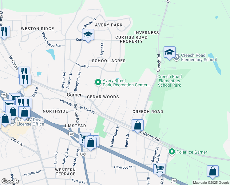 map of restaurants, bars, coffee shops, grocery stores, and more near 119 Center Street in Garner