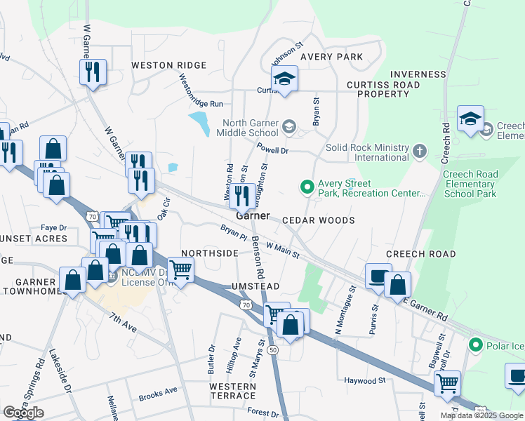 map of restaurants, bars, coffee shops, grocery stores, and more near 820 West Garner Road in Garner