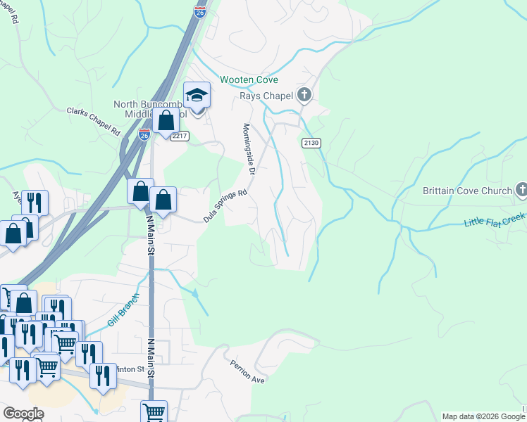 map of restaurants, bars, coffee shops, grocery stores, and more near 16 Deep Woods Road in Weaverville
