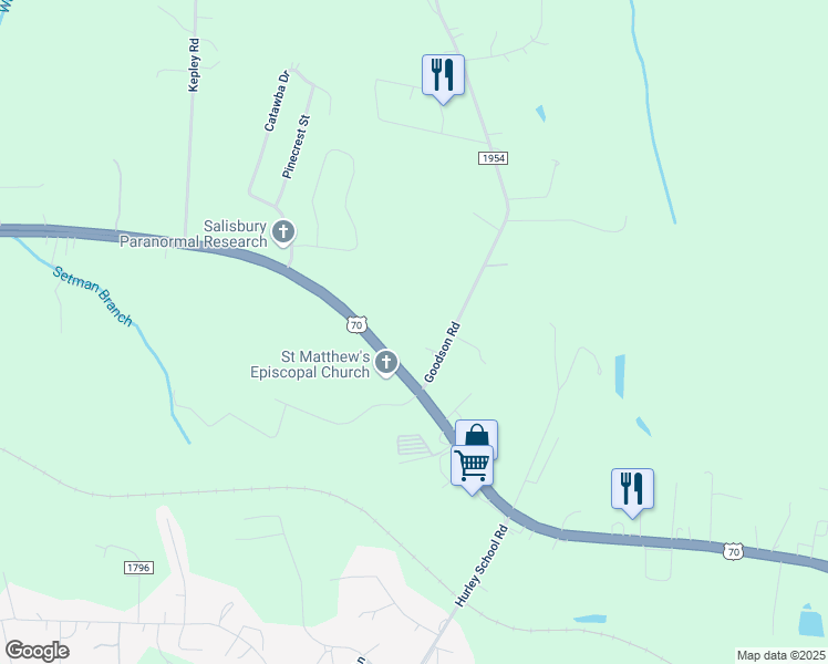 map of restaurants, bars, coffee shops, grocery stores, and more near 160 Goodson Road in Salisbury