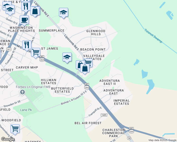 map of restaurants, bars, coffee shops, grocery stores, and more near 2021 Lipscomb Road East in Wilson