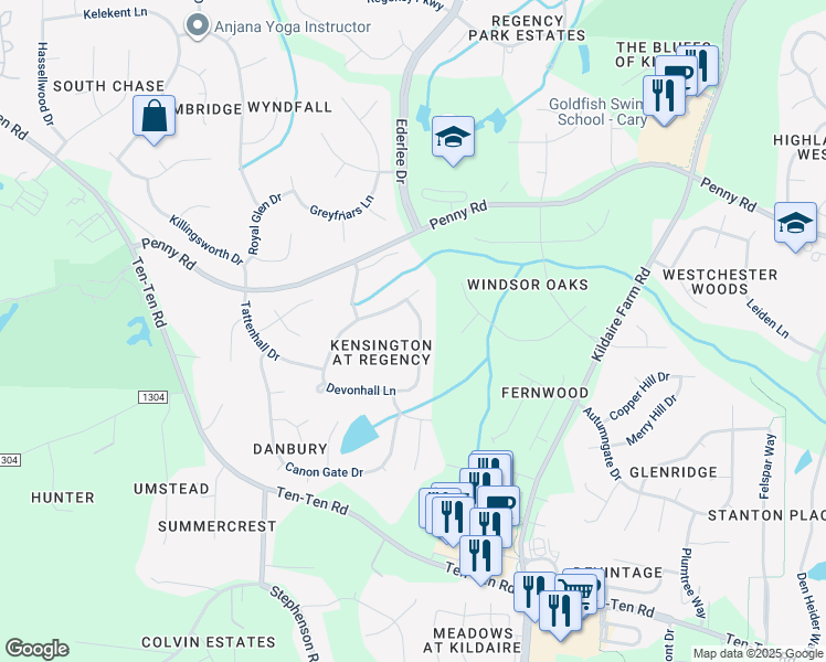 map of restaurants, bars, coffee shops, grocery stores, and more near 700 Evanvale Court in Cary