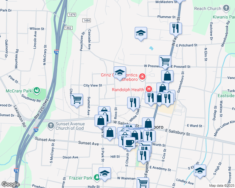 map of restaurants, bars, coffee shops, grocery stores, and more near 356 Ross Street in Asheboro