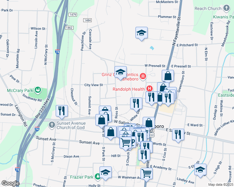 map of restaurants, bars, coffee shops, grocery stores, and more near 356 Ross Street in Asheboro