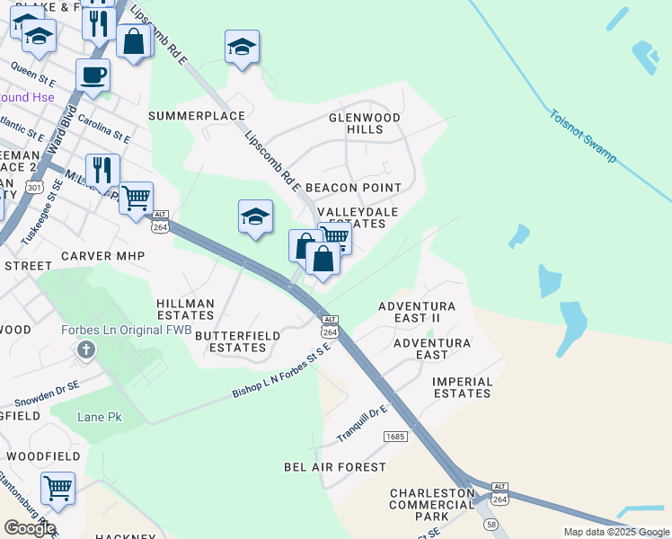 map of restaurants, bars, coffee shops, grocery stores, and more near 2021 Lipscomb Road East in Wilson