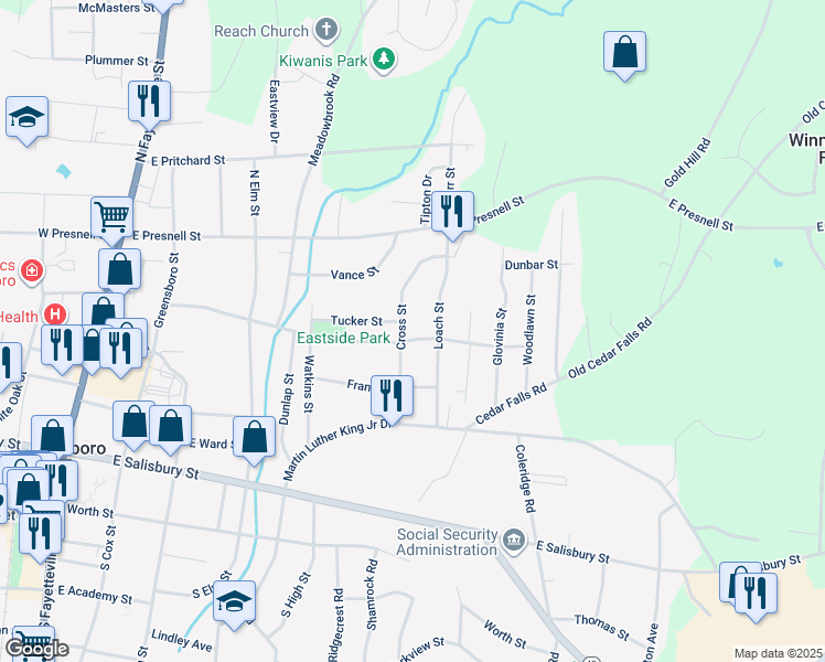 map of restaurants, bars, coffee shops, grocery stores, and more near 510 Cross Street in Asheboro