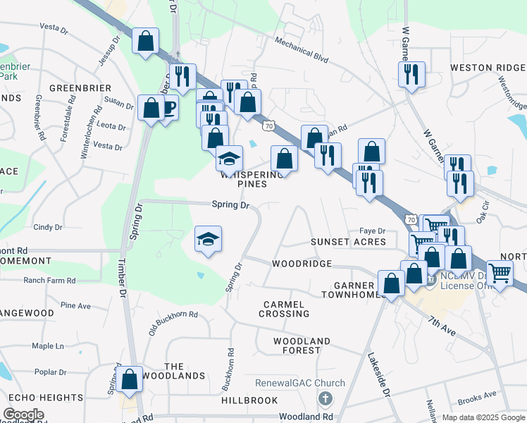 map of restaurants, bars, coffee shops, grocery stores, and more near 1988 Spring Drive in Garner