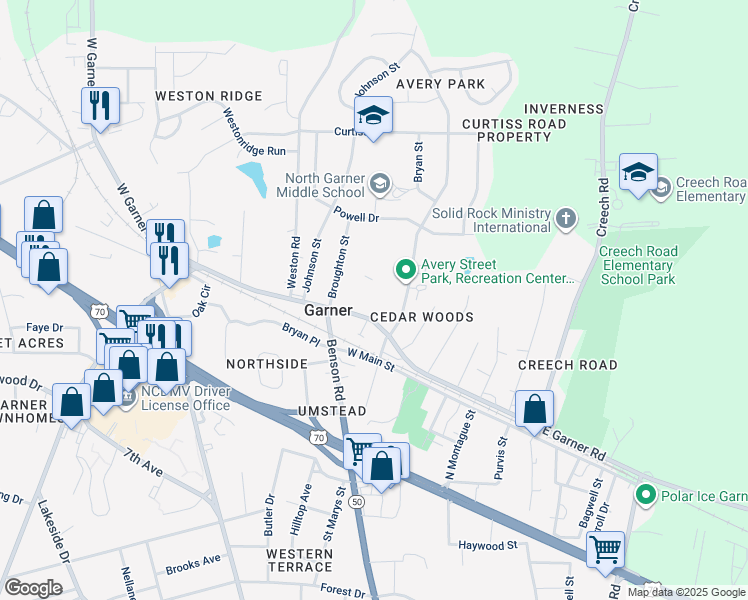 map of restaurants, bars, coffee shops, grocery stores, and more near 720 West Garner Road in Garner