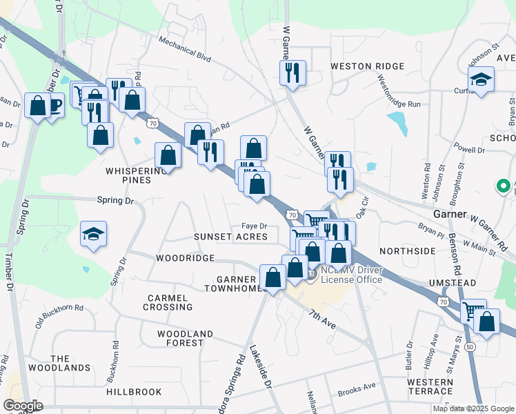 map of restaurants, bars, coffee shops, grocery stores, and more near 731 U.S. 70 in Garner