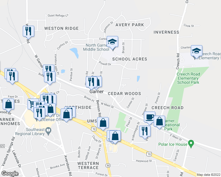 map of restaurants, bars, coffee shops, grocery stores, and more near 720 West Garner Road in Garner
