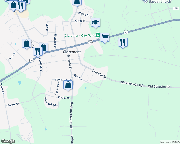 map of restaurants, bars, coffee shops, grocery stores, and more near 3155 Catawba Street in Claremont